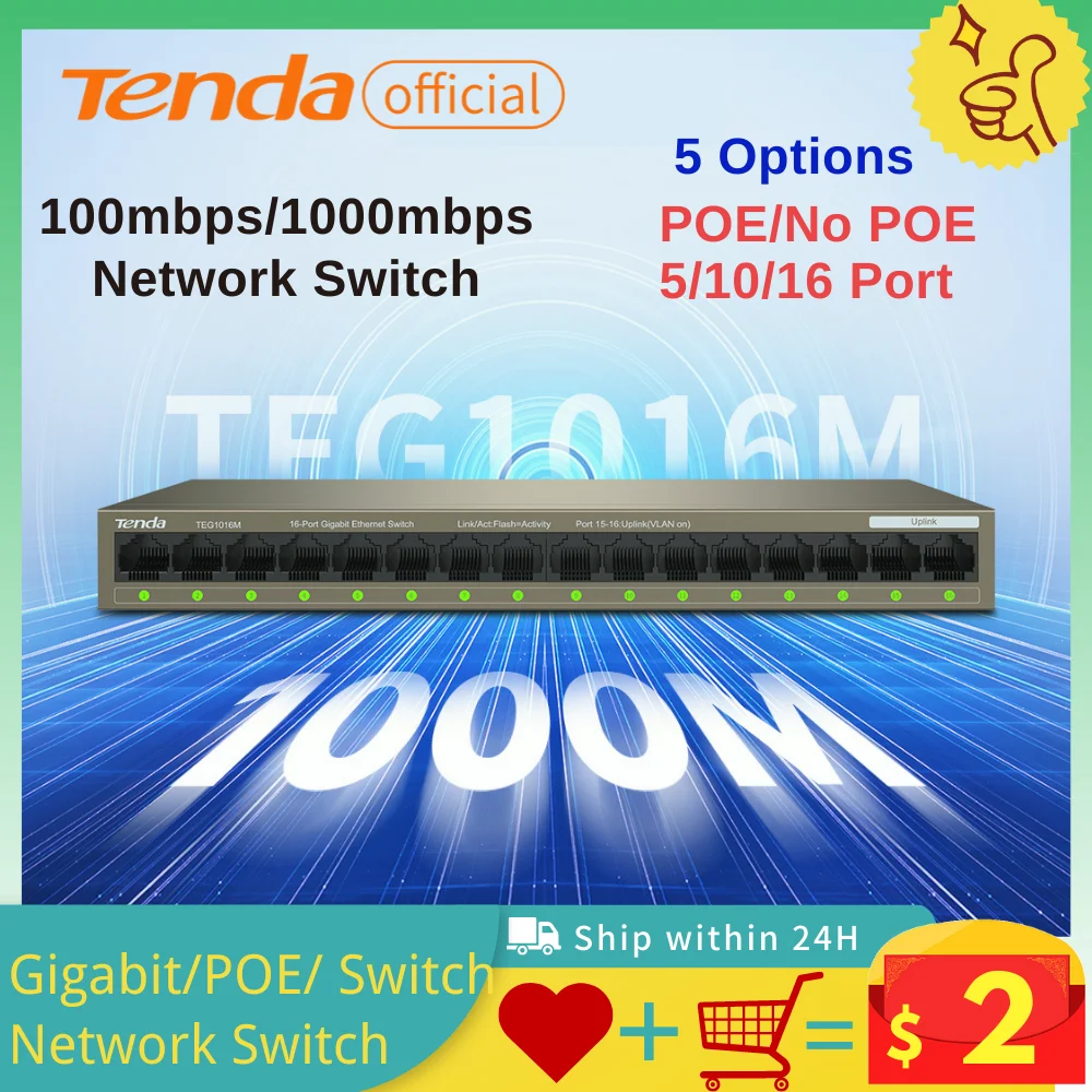 Tenda Poe Gigabit Switch Teg1105pd 10/100/1000 Mbps Teg1016m 16p