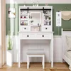 Farmhouse Makeup Vanity Desk with Sliding Mirror, Vanity Set with Stool & Charging Station & 3 Brightness Lights, Ample Storage, 1