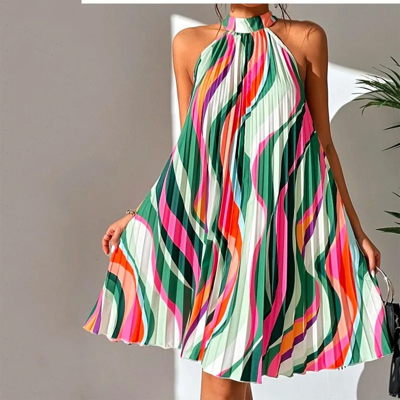 

2024 Summer Women Beach Outfits For Women Fashion Sleeveless Printed Hanging Neck Pleated Casual Loose Vacation Bohemian Dress