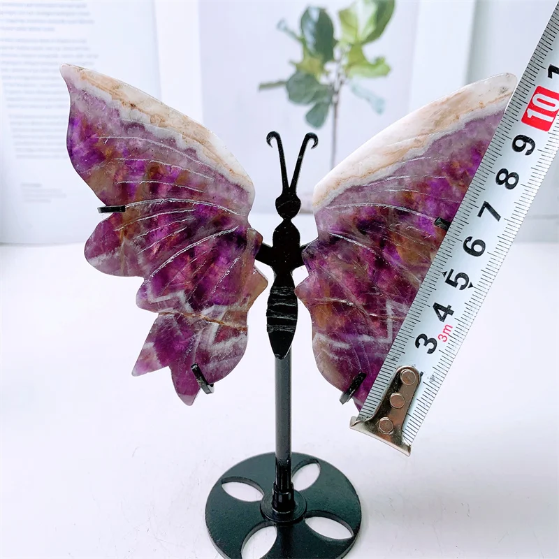 Natural Dream Amethyst Butterfly Wings Crystal, Hand Carved, Polished Statue, Healing Energy Gemstone Crafts with Stand, 1Pair