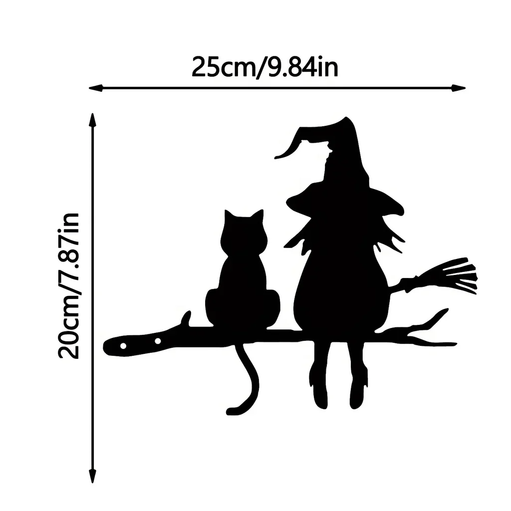 Garden Art Decor Iron Silhouette Cute Witch And Cat Garden Stake On The Branch Yard Art Decor Tree Stump Plug-in For Garden Lawn Courtyard