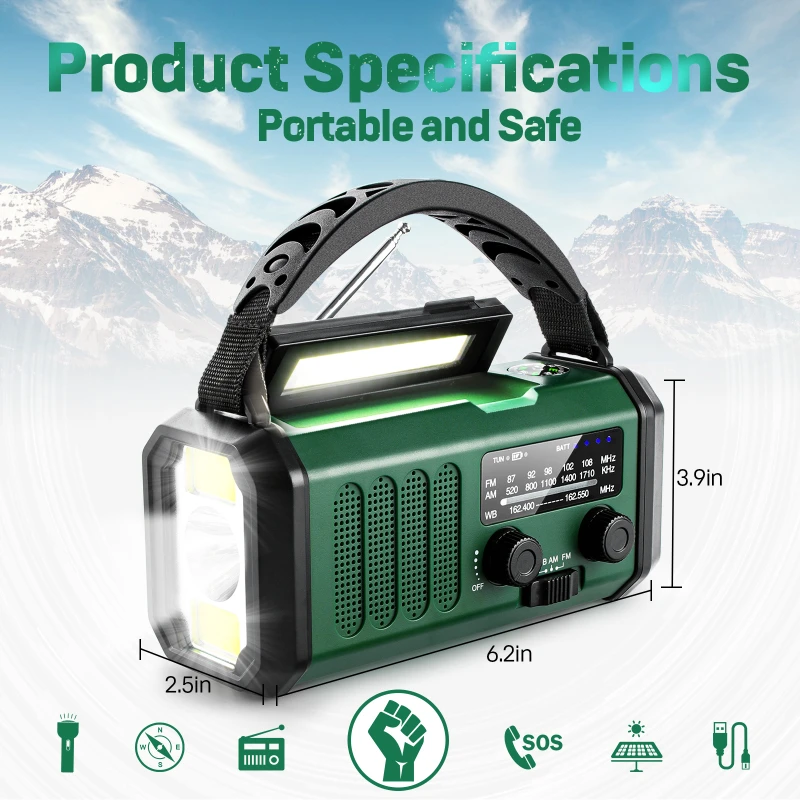 Portable Multifunctional Emergency Radio FM/AM/WB Weather Radio Solar Powered Charging Hand Cranked 10000mah Polymer