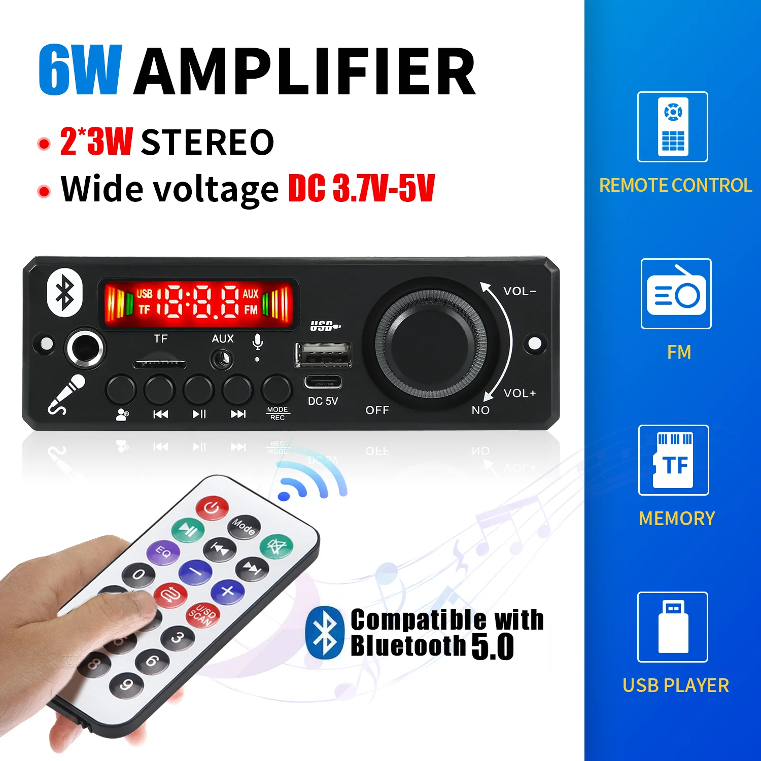블루투스 5.0 자동차 MP3 플레이어, USB 녹음 모듈, 스피커용 FM AUX 라디오, 핸즈프리, DC 5V, 6W 앰프, DIY MP3 디코더 보드