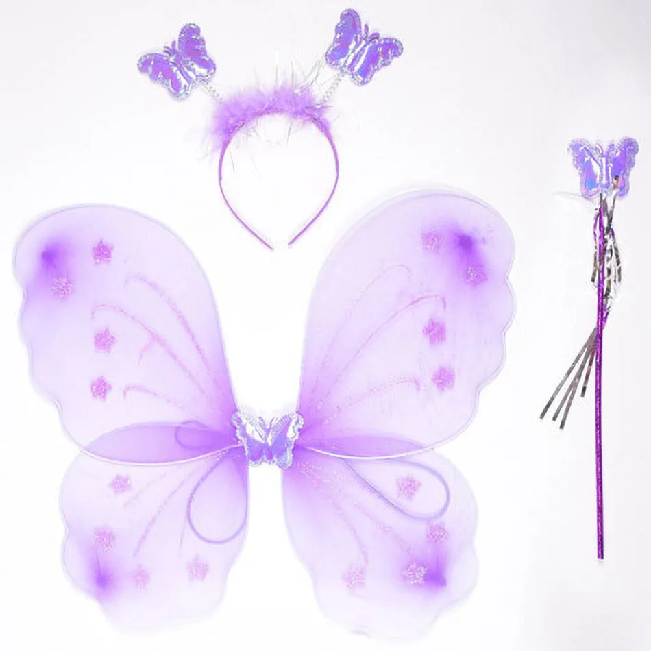 Kids Butterfly Headband Wings Wand 3 Pcs Set Girls Summer Photography Outfit Children Silk Yellow Green Purple Pink Color Props 4