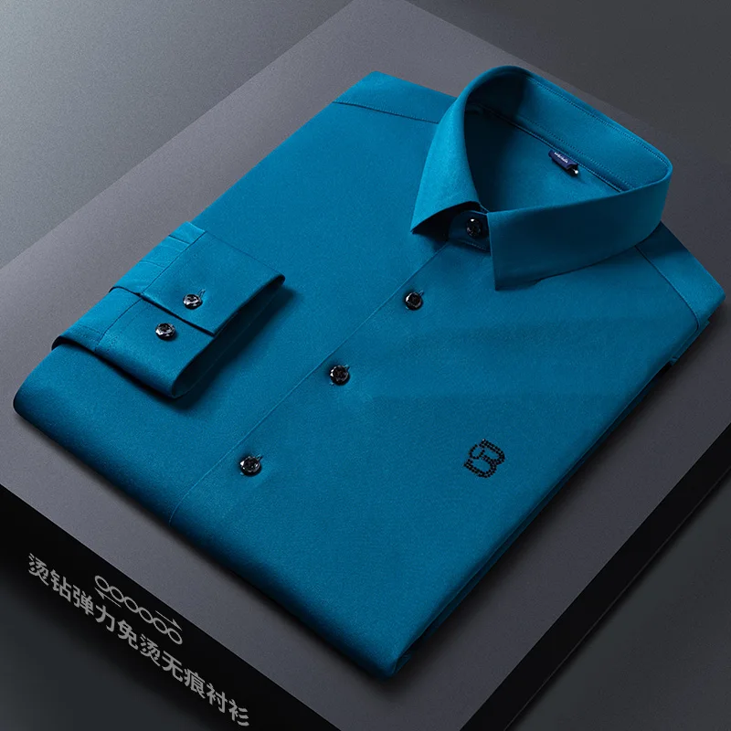 

New in shirt elastic solid color long-sleeve shirts for men slim fit casula rhinestone tops elegants designer business clothes