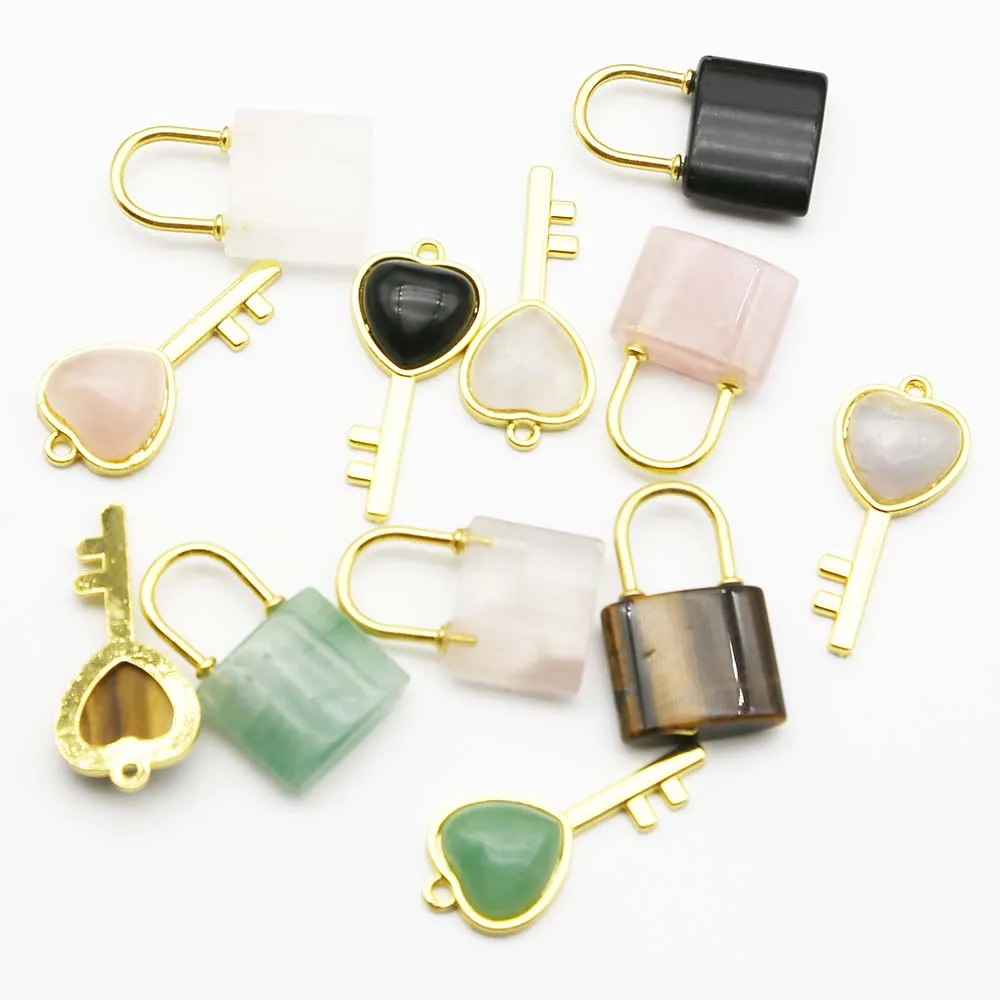 High Quality Natural Stone Crystal Heart Key Couple Lock Set Pendant Charm Fashion DIY Jewelry Gift Accessories Wholesale 6Setof