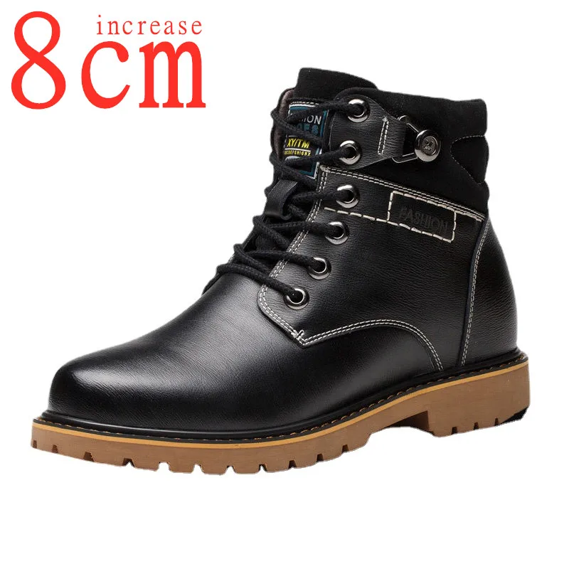 

Autumn/Winter Boots Heightening Men Shoes High-top Shoes Men's Casual Leather Shoes Increased 8cm Men Plus Fleece Elevator Boots