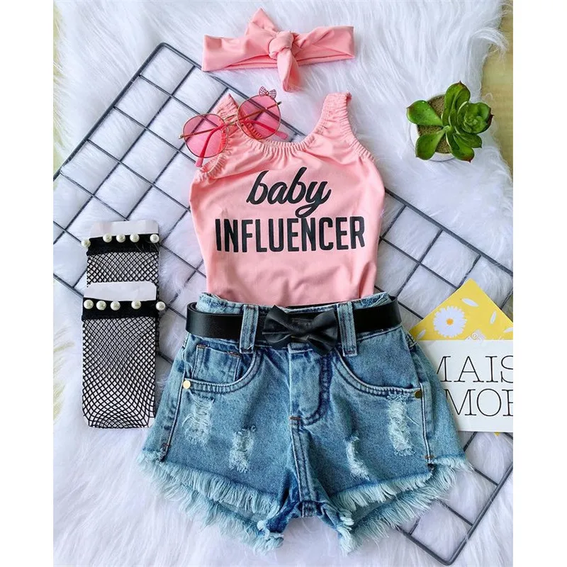 Girl Clothes Set 3PCS Letter Sleeveless Top Denim Shorts Suit Girl Outfits Baby Children Clothing for Kid Cute Toddler Outfit 1