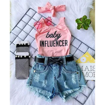 Girl Clothes Set 3PCS Letter Sleeveless Top Denim Shorts Suit Girl Outfits Baby Children Clothing for Kid Cute Toddler Outfit 1