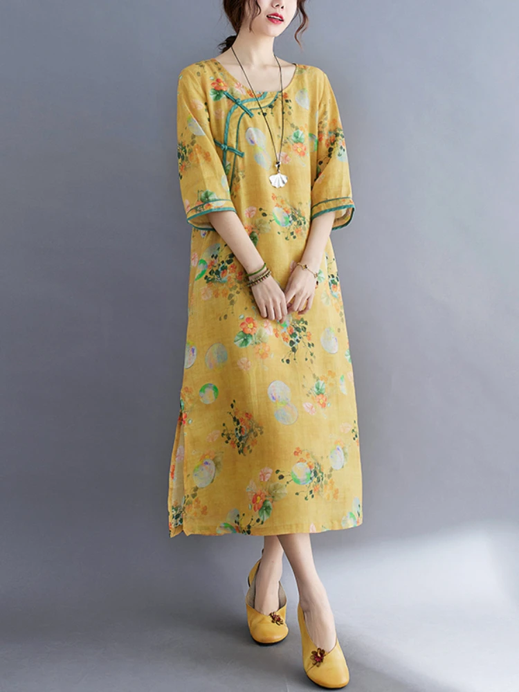 

Chinese Style Summer Floral Dress for Women Clothing O-Neck New Loose Print Plate Buckle Mid Length Cotton Hemp Dress