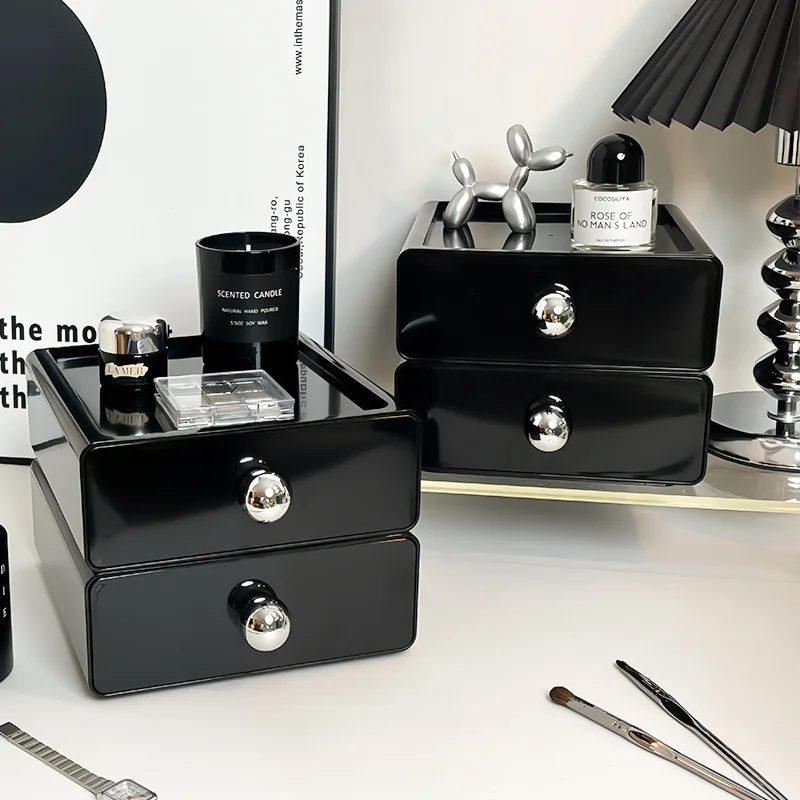 INS Black Desktop Storage Box Drawer Type Storage Organizer Box Dormitory Office Table Shelf For Stationery Sundries Jewelry