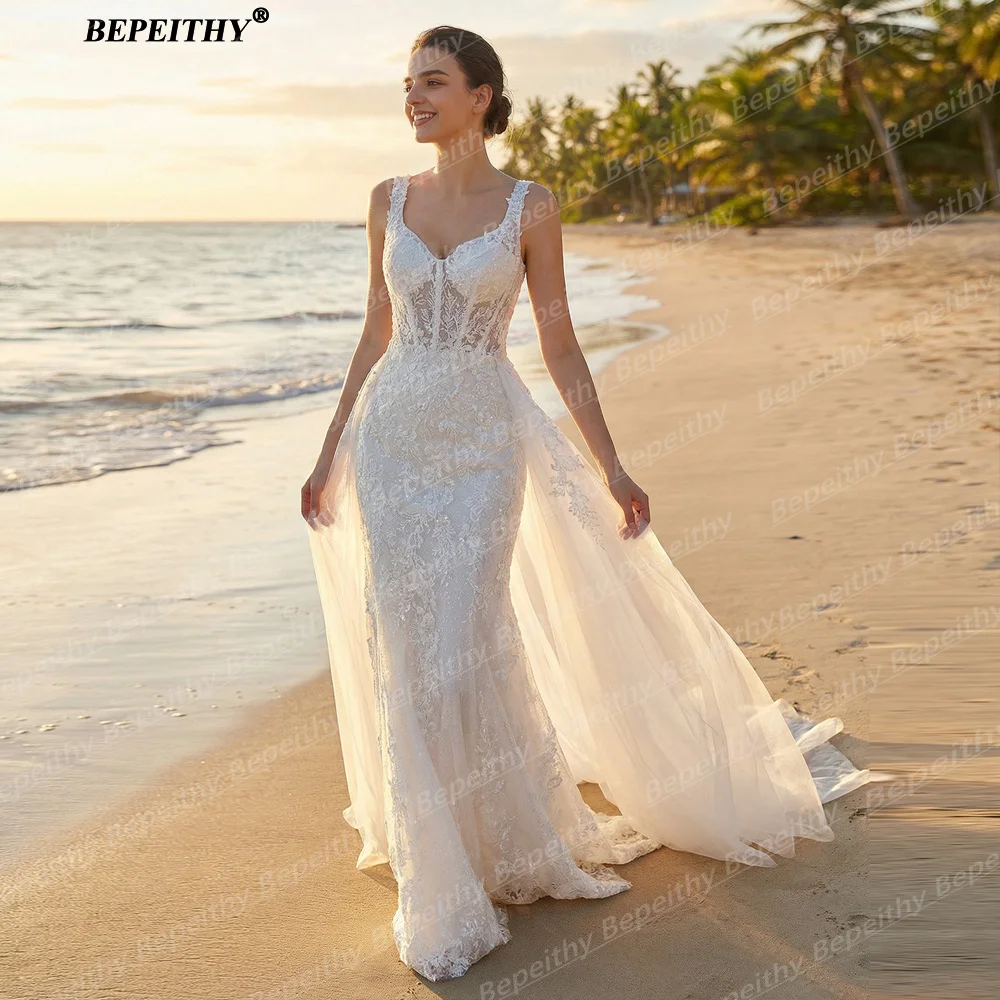 BEPEITHY Abito da Sposa Personalizzato Stile Sirena in Pizzo Boho con Strascico Staccabile Lungo e Glitterato Vestito da Sposa per Donne - Image 2