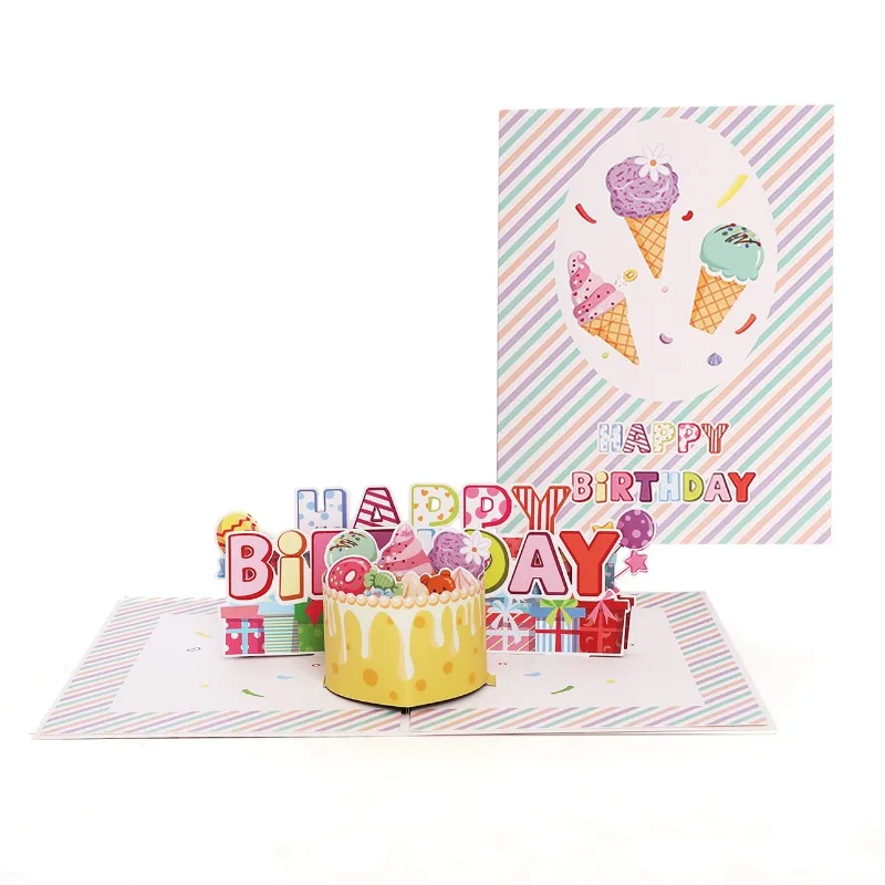 1 pcs Pop up style American ice cream Happy Birthday greeting card children's cartoon postcard cute 3D pop-up food cake gift