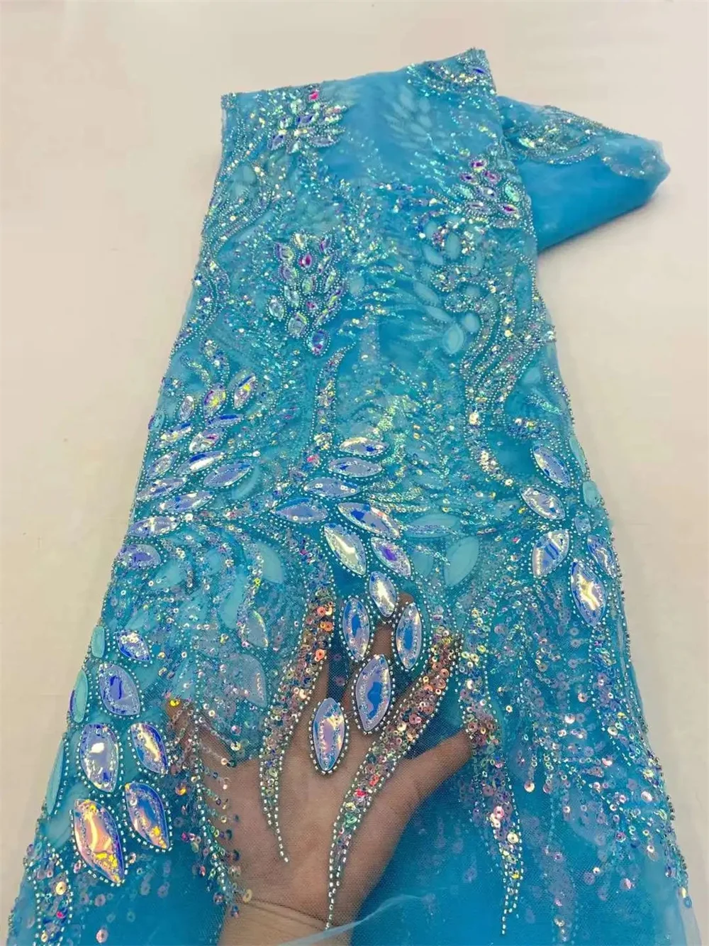 African Sequins Beaded Lace Fabric Nigerian Groom Embroidery French Tulle Lace Fabric For Bridal Wedding WB06
