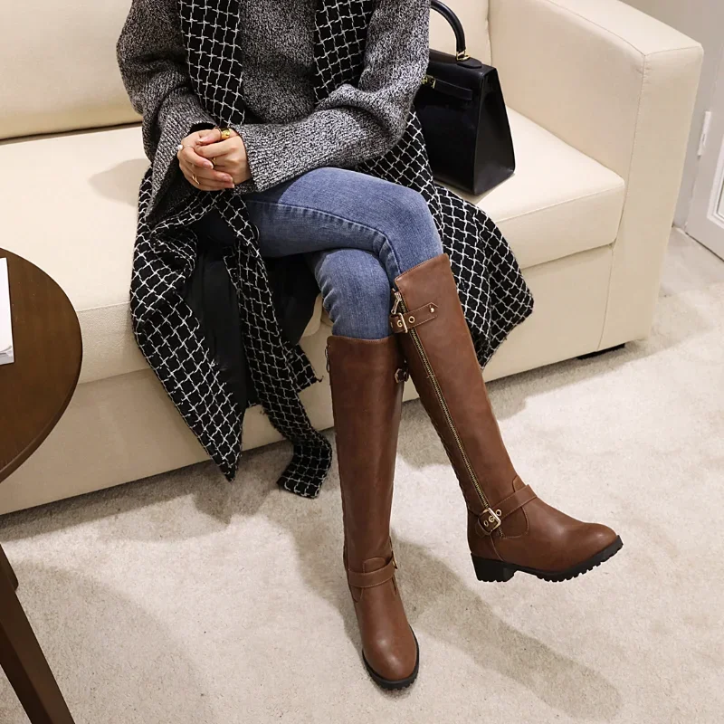 Autumn Winter Women's Long Plus Size 22-27 Cm Grid Splicing Side Zip Fashion Knee High Boots women knee boots