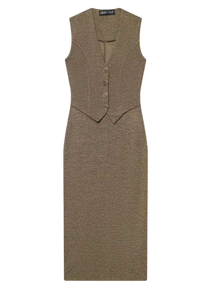 Women's Dress Vest Style Splice Long Dresses Spring Summer 2026 Button Sleeveless V neck Midi Dress Street Casual Dresses