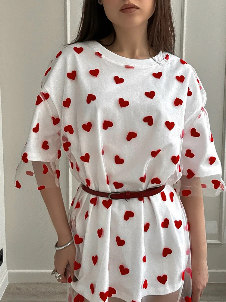 Long Mesh T Shirt Dress For Women Short Sleeve Heart Tulle Fake Two Piece Dresses WOmen's White Loose Maxi Dress With Heart Red