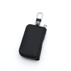 Versatile PU Leather Key Holder with Zipper and Keychain (Black)
