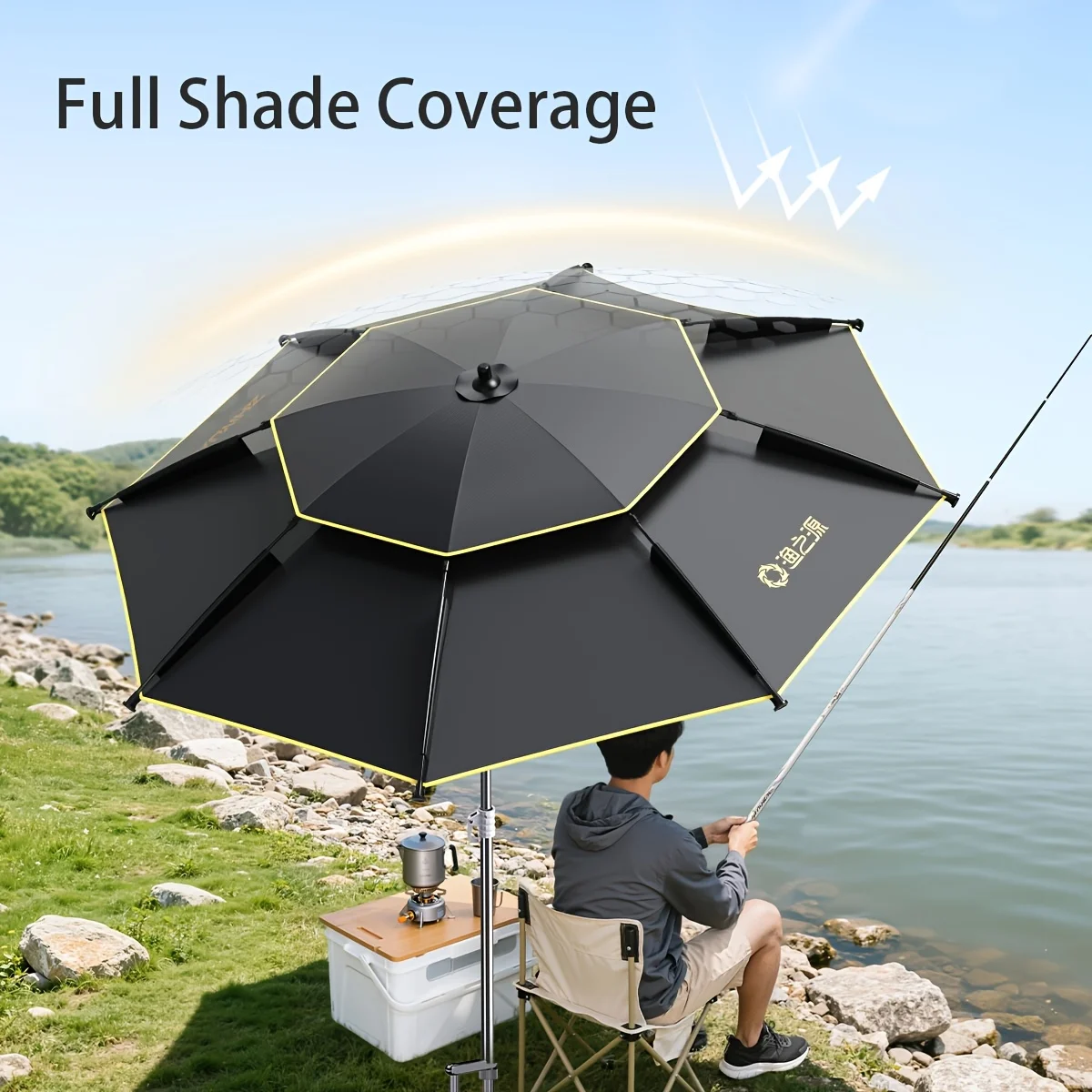 Parapluie pêche perche aléatoire colle noire épaissie 360° réglable acier inox ressort housse