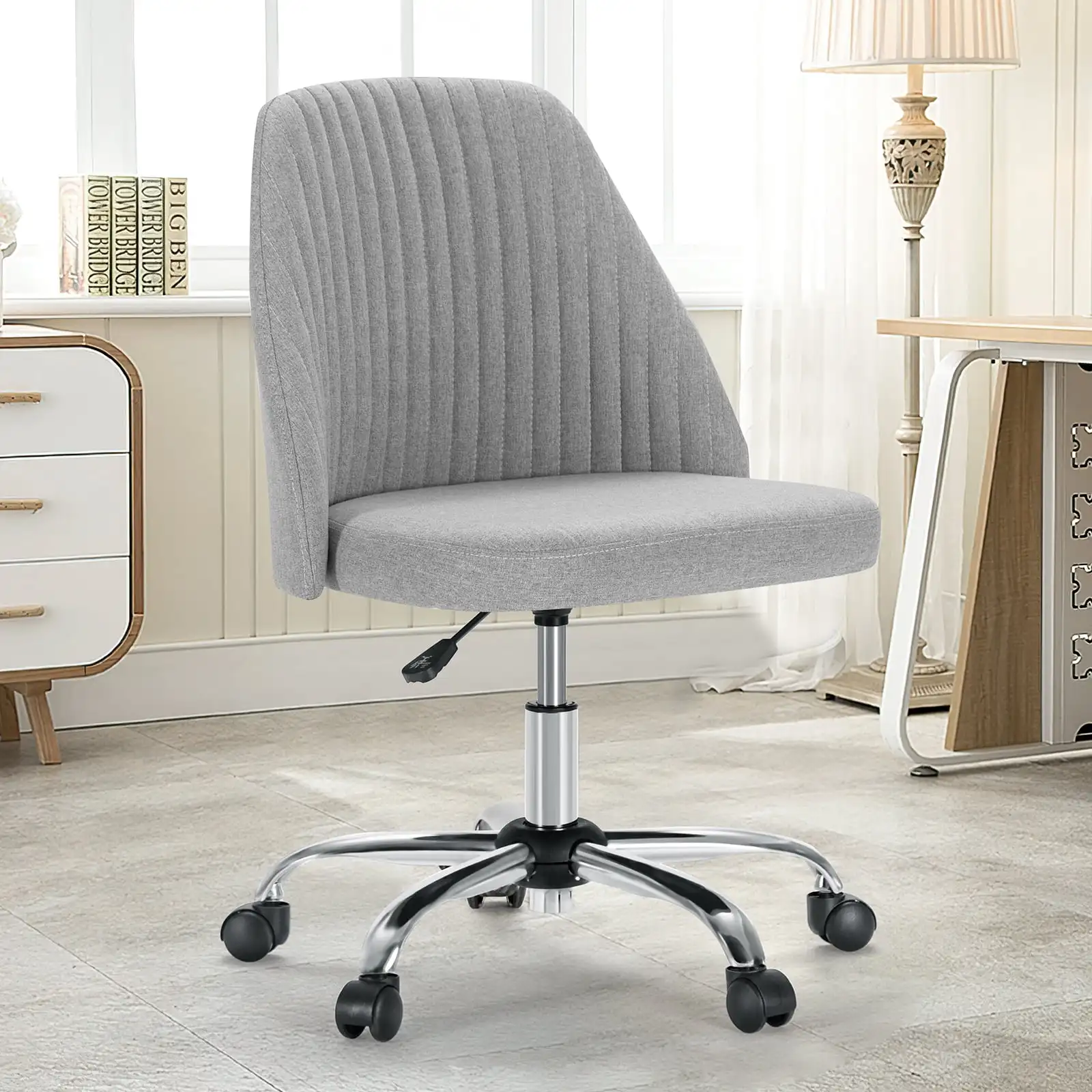 

Adjustable Rolling Home Office Chair Armless Task Chair Mid-Back Make Up Vanity Chair, Light Grey