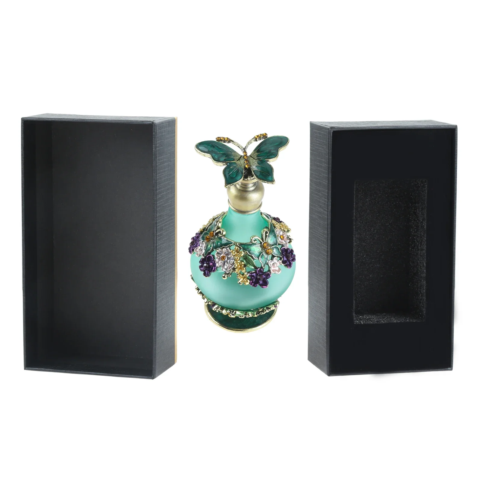 Vintage Perfume Glass Bottle 1pc 25ml Butterfly Cap Flower Painting Metal Art Enamel Frosted Emerald Jar Luxury Box Decoration