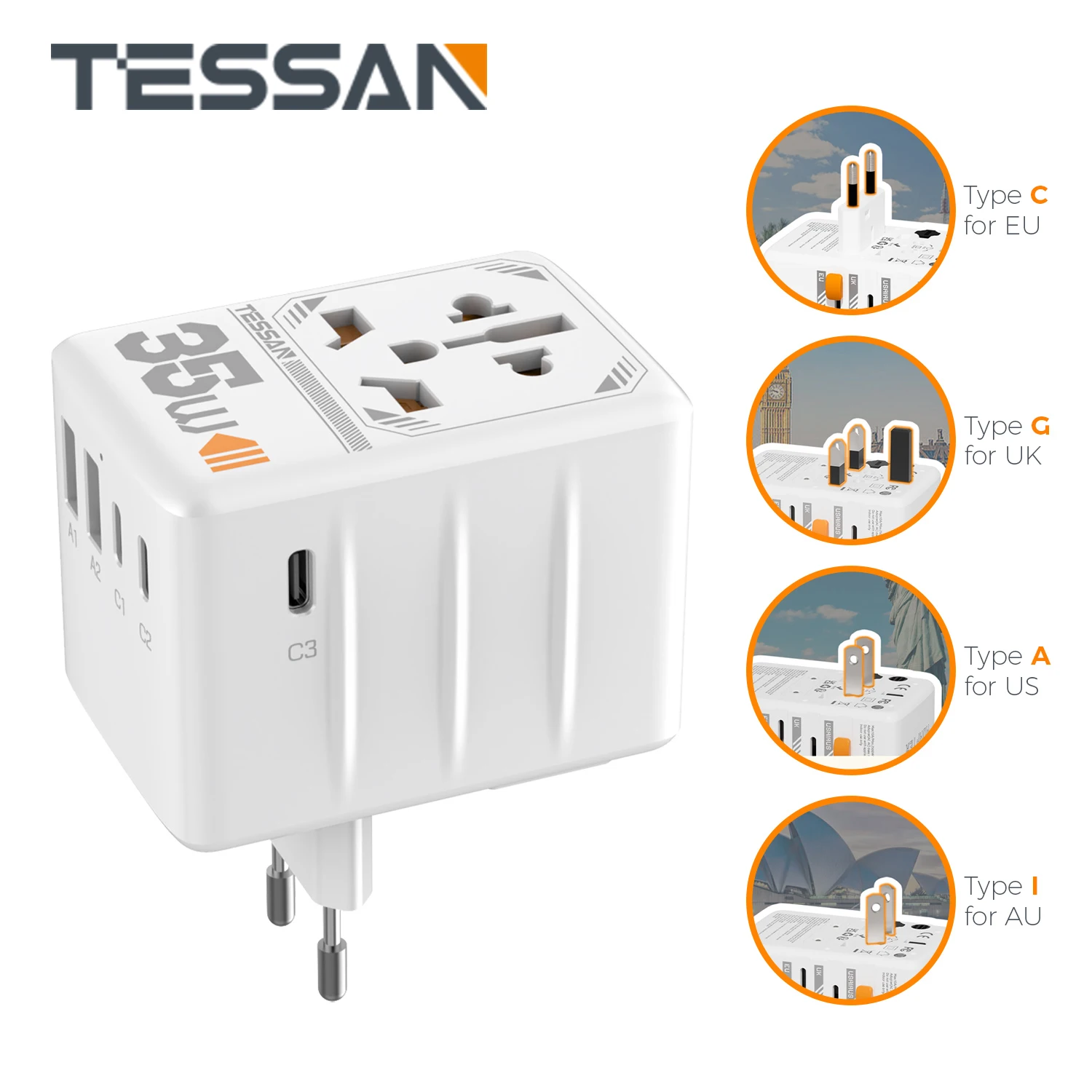 

Дорожное зарядное устройство TESSAN с USB-портом и USB-портом, 35 Вт