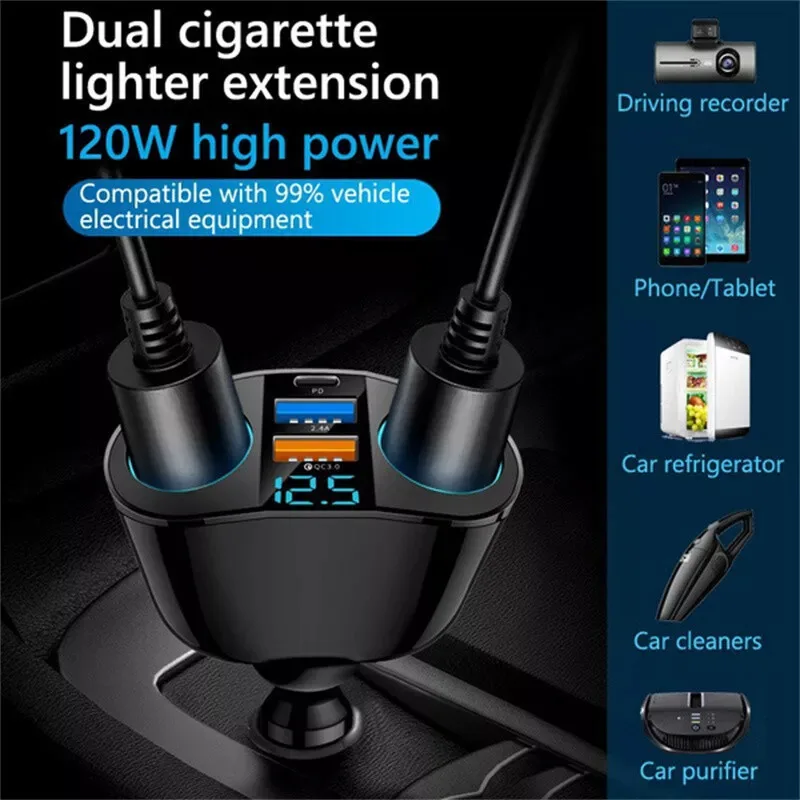 Multiple Devices Can Be Charged at the Same Time with Digital Display Car Charg Dual-port Car Charger Adapter