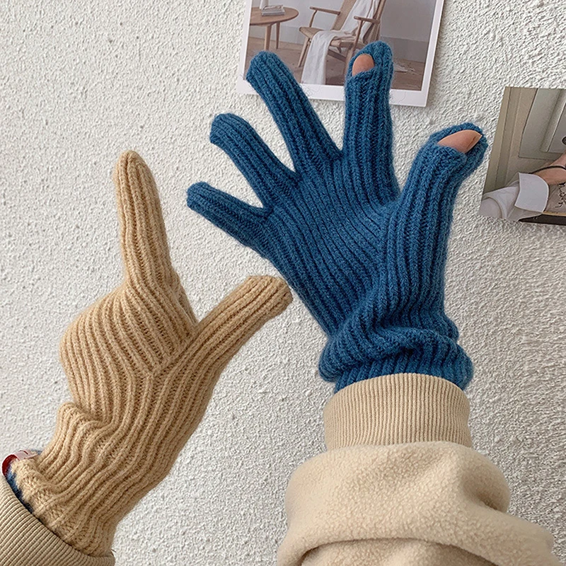 

Unisex Touchscreen Outdoor Winter Gloves Cute Women Fingerless Woolen Knit Thick Warm Men Riding Hiking Cold Full Finger Gloves