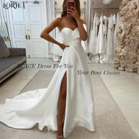 LORIE Luxury Solid Wedding Dresses One Shoulder Side Slit Satin A-Line Evening Prom Dress Shiny Off Shoulder Pleated Bride Gowns 2