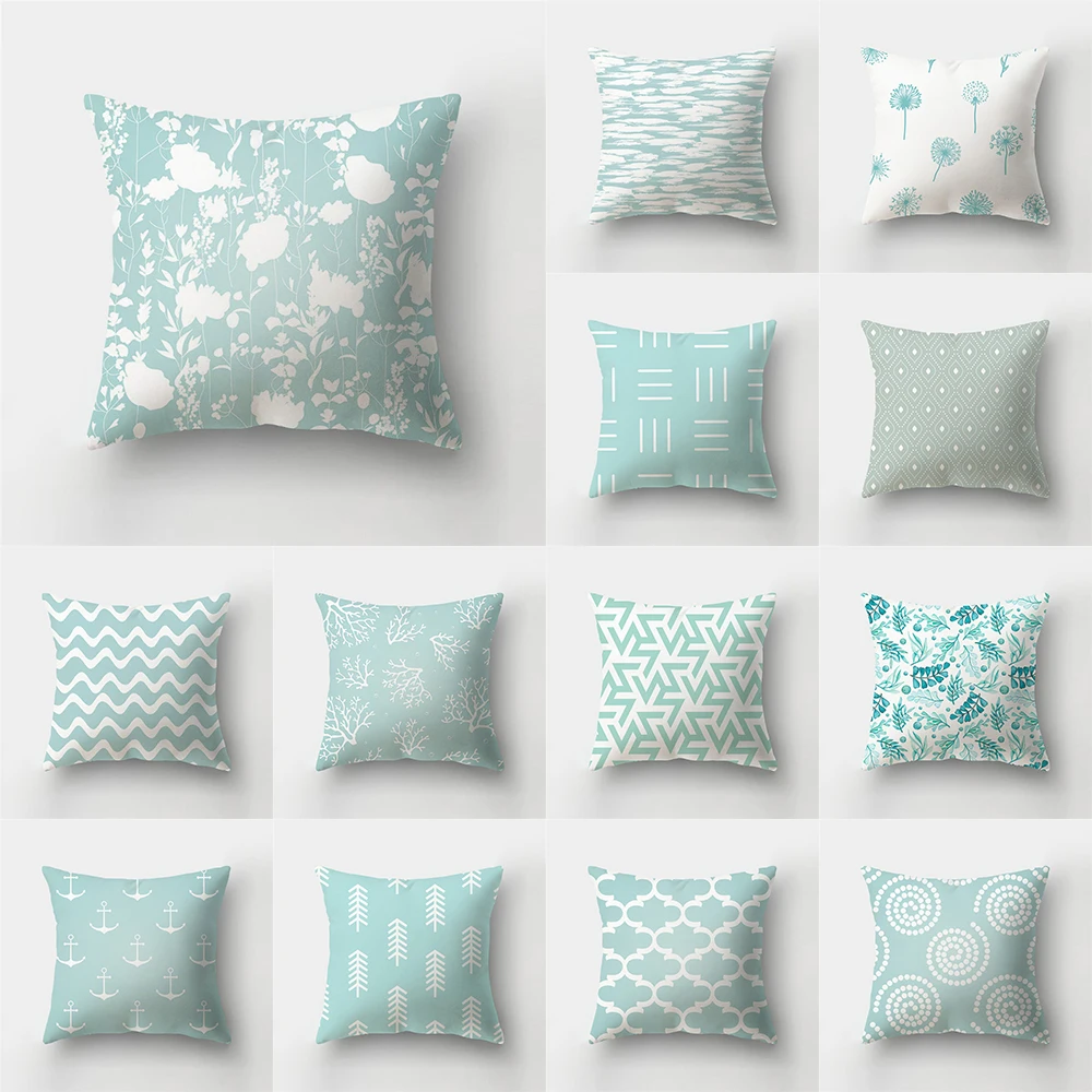 

Geometric light blue printed pattern polyester cushion cover for home living room sofa bedroom decorative pillowcase
