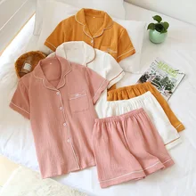 Pyjama à manches courtes avec short et en crêpe de coton pour couple, chemise simple de couleur unie pour homme, service à domicile d'été japonais