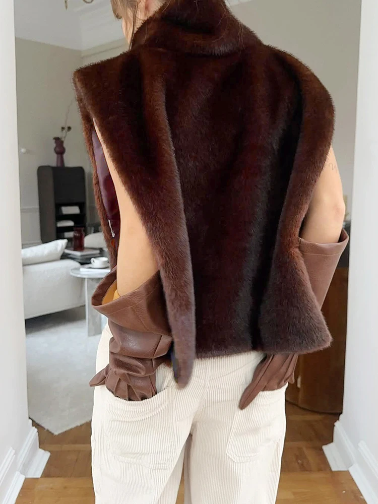 Nibber Furry Vest Women High Neck Side Slit Warm Comfortable Christmas Party High Street Winter Trend Sexy Midnight Long Tops