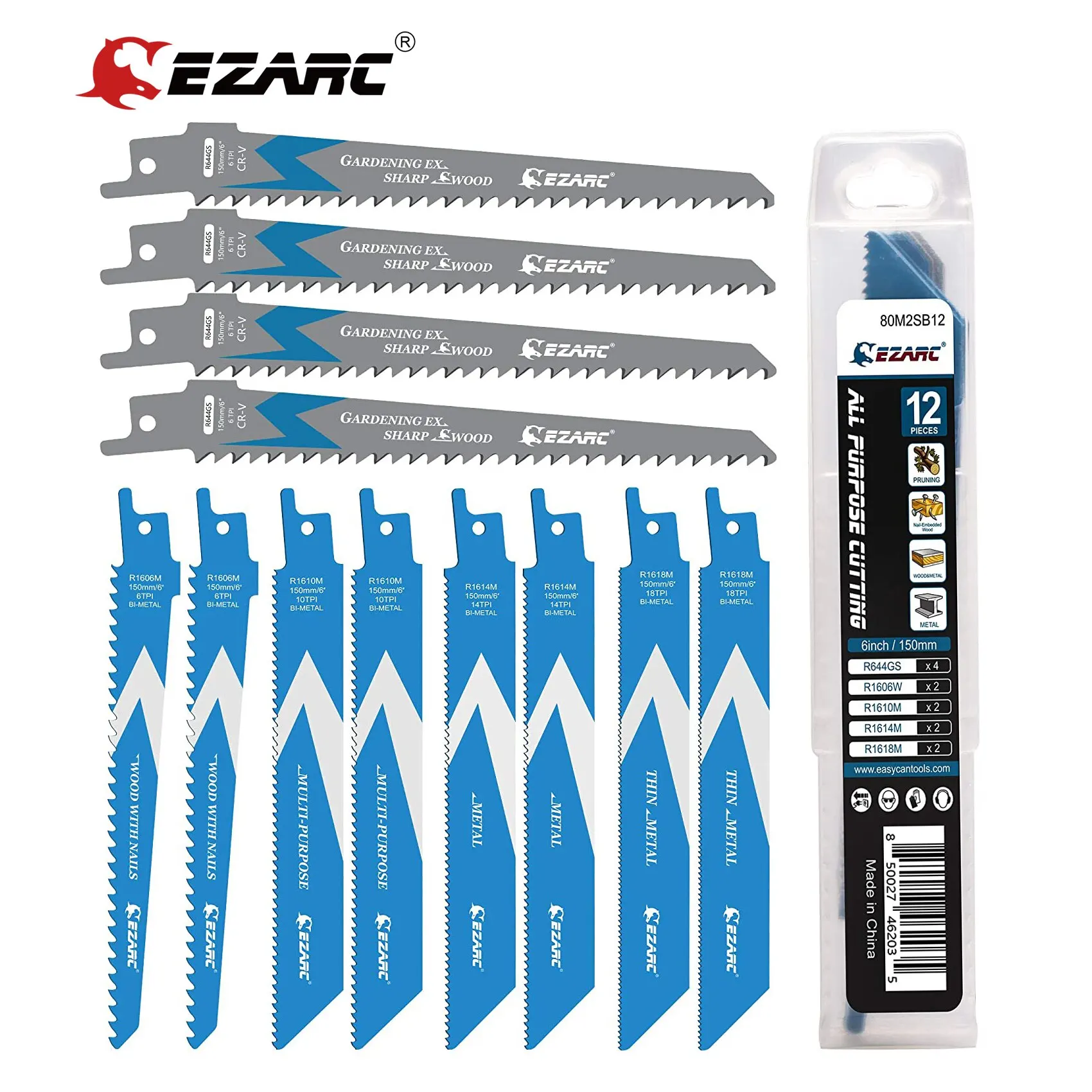 EZARC 150mm 12PCS Reciprocating Saw Blades Set BiMetal Demolition Sabre Saw Blade Set for Metal