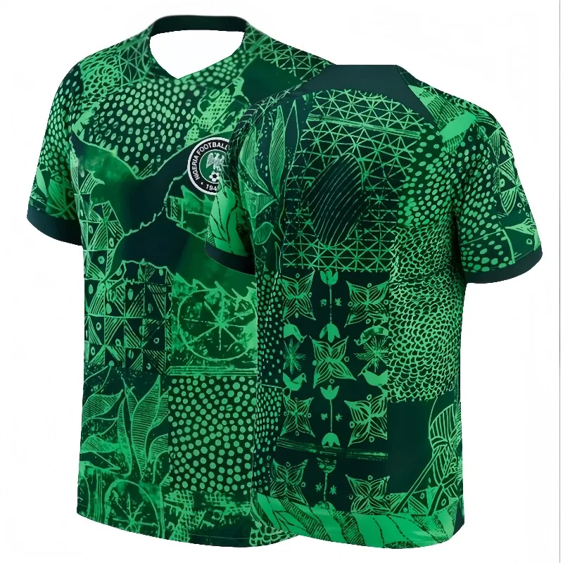 Men's Nigeria National Team Football Jersey Quick Dry Breathable Short Sleeve Soccer T-shirt with African Tribal Print for Fans