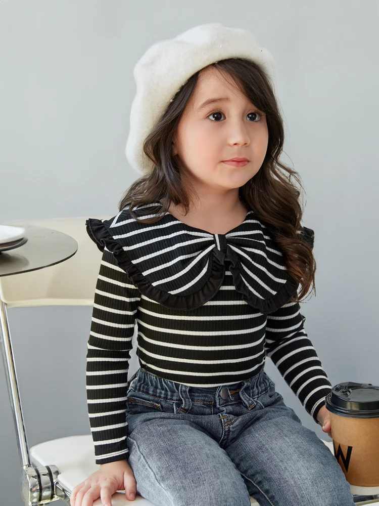 Girls' Striped Knitwear Turn-down Collar Long Sleeve Tops Bottoming Shirt For Spring And Fall, girls long sleeve shirts