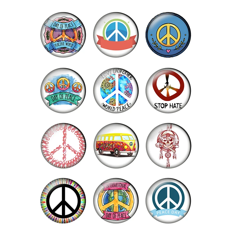 

12pcs Peace Symbol Round Photo Glass Cabochon 8 10mm 12mm 14mm 16 18mm 20mm 25mm Demo Flat Back DIY Jewelry Making Supplies T040
