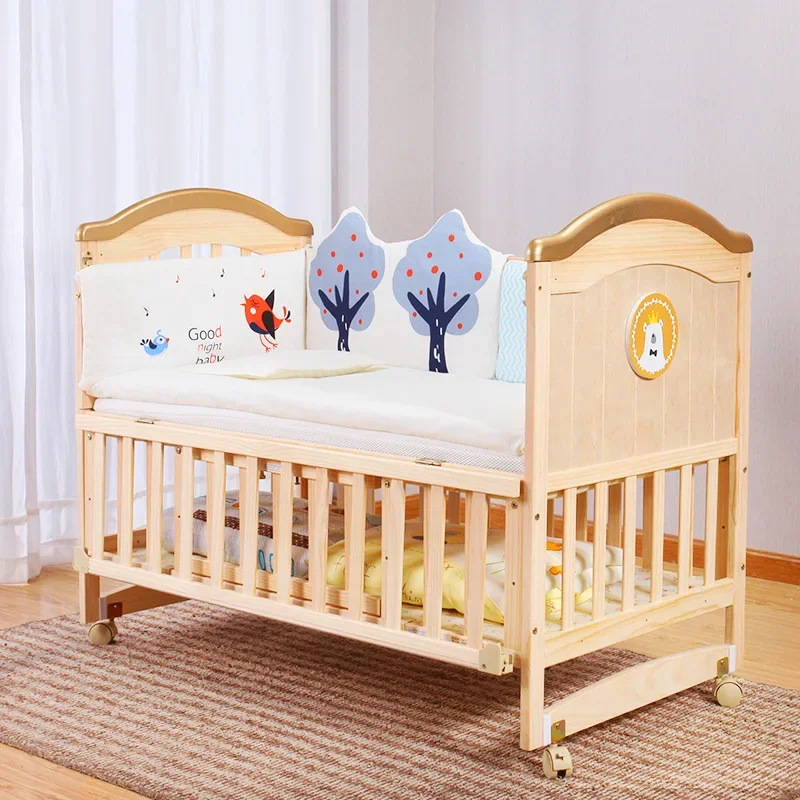 Crib Solid wood paint-free multifunctional cradle can be spliced newborn crib batch 5 in1 with bed + mattress