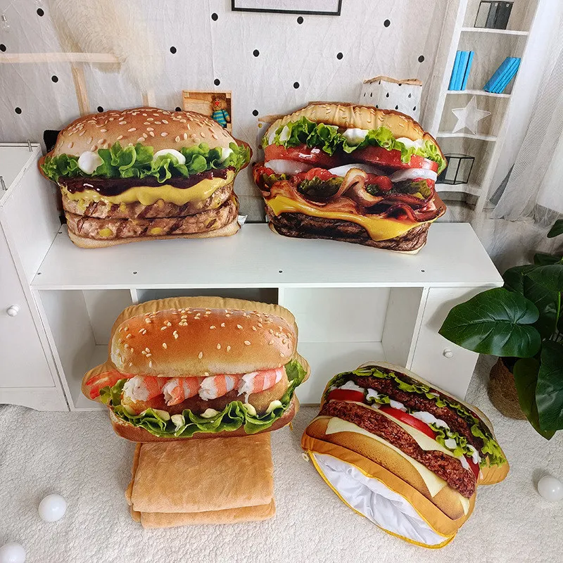 2 In 1 Lifelike Food Plush Hamburger Pillow Toy Simulation Stuffed Fast Food Hamburger Throw Pillow with Blanket Cushion Gift