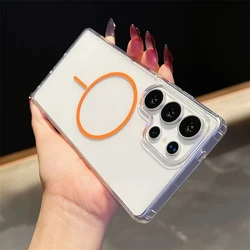 Clear Transparent Glossy MagSafe - Compatible Phone Case with Wireless Charging Cover - Galaxy S25 Ultra (Orange)