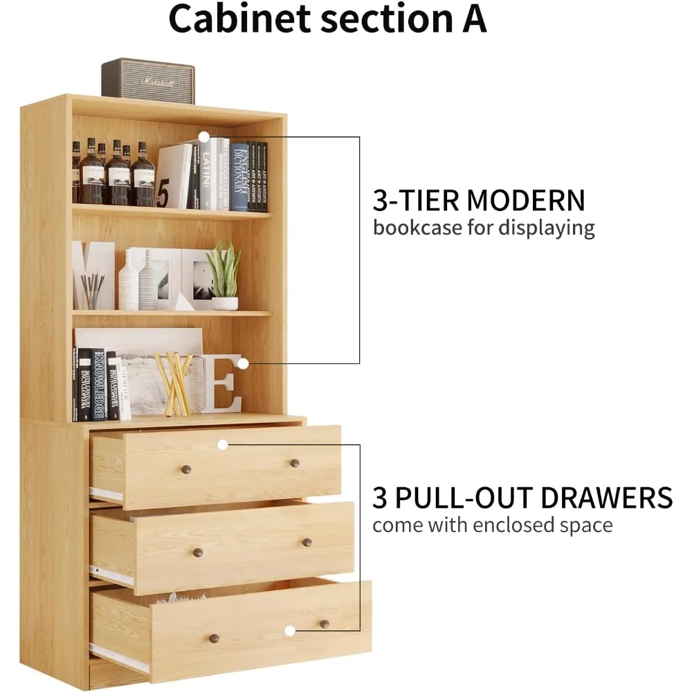 Kitchen cupboard, 3-Tier Modern Bookshelf with 3 Large Drawer,Wood Cabinet with Open Shelf,Glass Doors and Fixed Storage Shelves