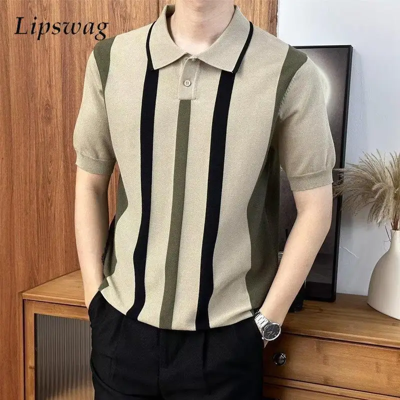 

Vintage Striped Jacquard Knitted Polo Shirt Men Short Sleeve Button Lapel Sweater Tops 2024 Spring Summer Mens Casual Knitwear