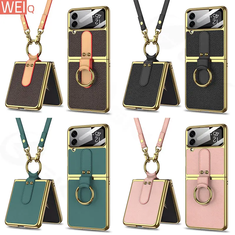 

Leather Plating Ring Stand Strap Case Cover For Samsung Galaxy Z Flip 4 Luxury Screen Glass Protection For Galaxy Z Flip4 Case