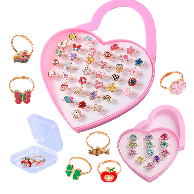 6/12/36pcs Cute Adjustable Rings Children Girls Pretend Play Makeup Toys Cartoon Crystal Jewelry Alloy Animal Enamel Rings