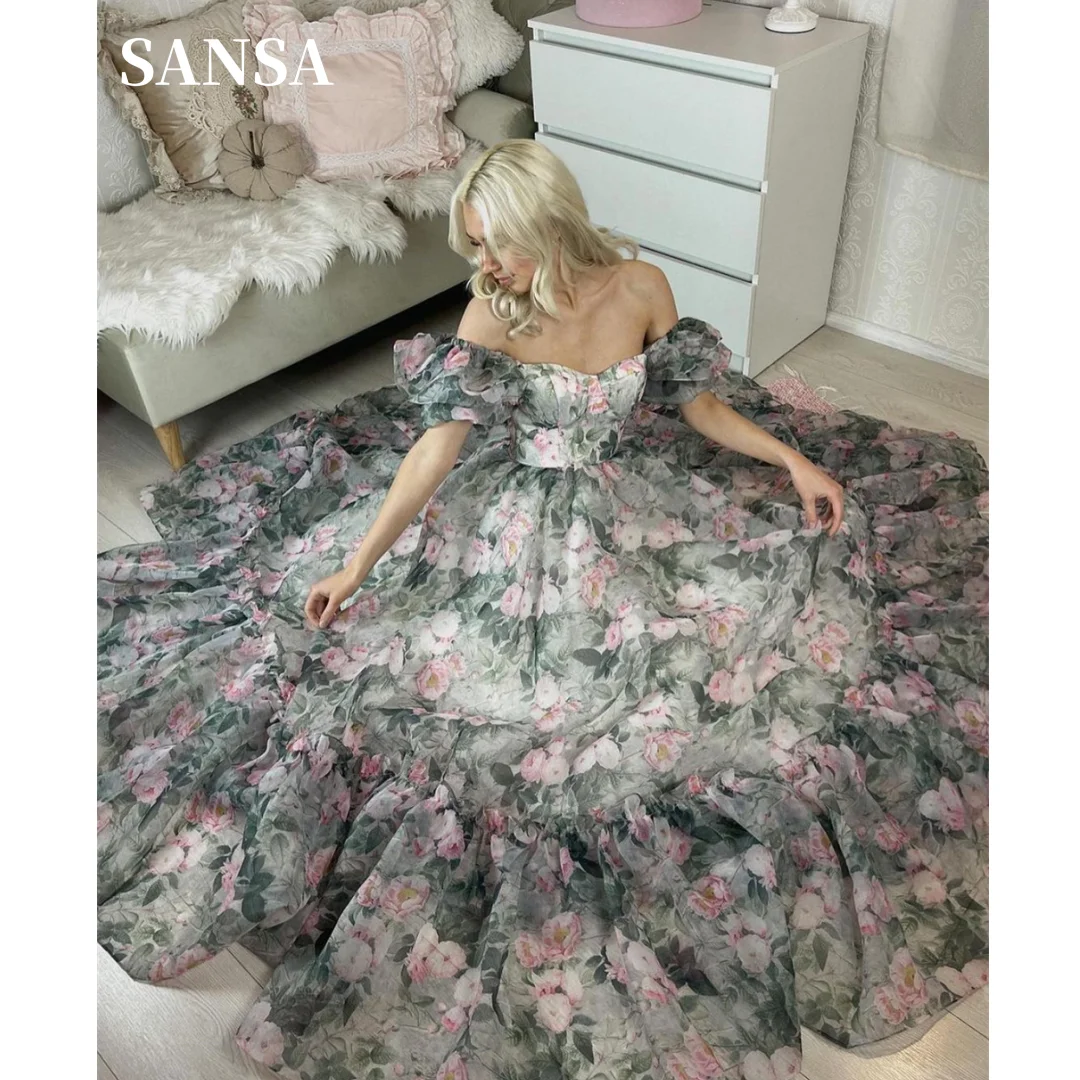 

Sansa Floral Print فساتين السهرة Off the Shoulder A-line Vestidos De Noche Sweetheart Puffy Sleeves Corset Prom Dresses 2024