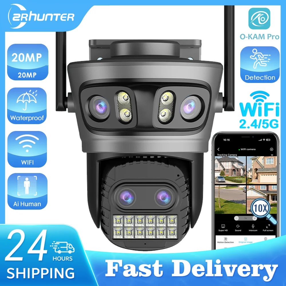 Caméra Wifi d'extérieur 20MP Caméra HD 10K à trois objectifs Caméra IP PTZ 5G Objectif zoom numérique 10X Caméra de  suivi humain AI Auto Detect Caméra de sécurité Caméra de sécurité pour la maison Caméra Wifi extérieu
