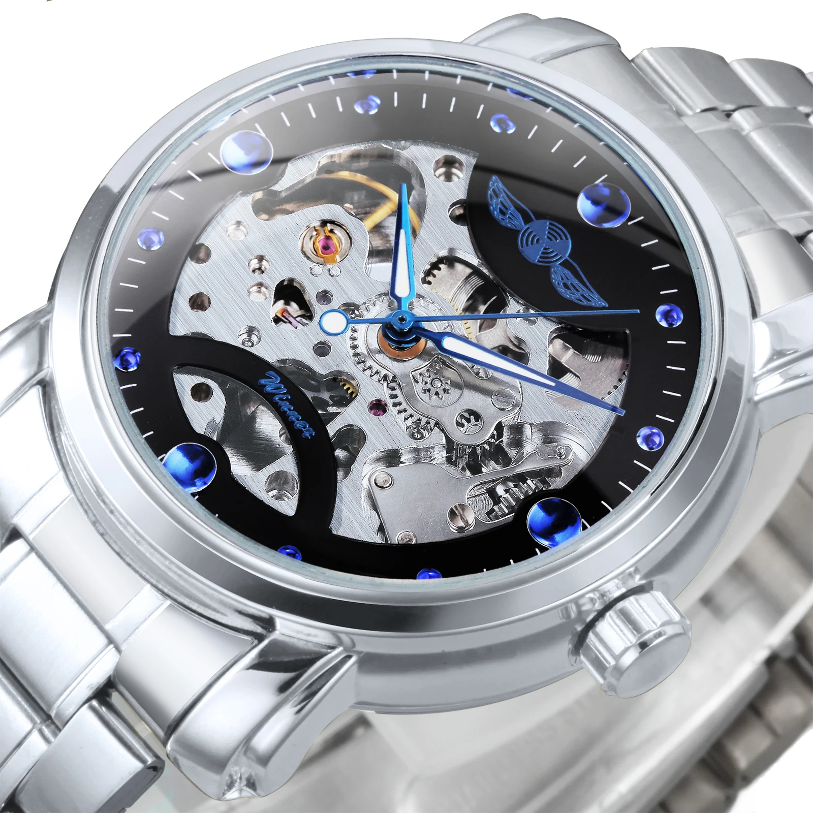 

Fashion Winner Top Brand Blue Ocean Casual Designer Stainless Steel Skeleton Watch Men Mens Watches Luxury Automatic Clock Gift