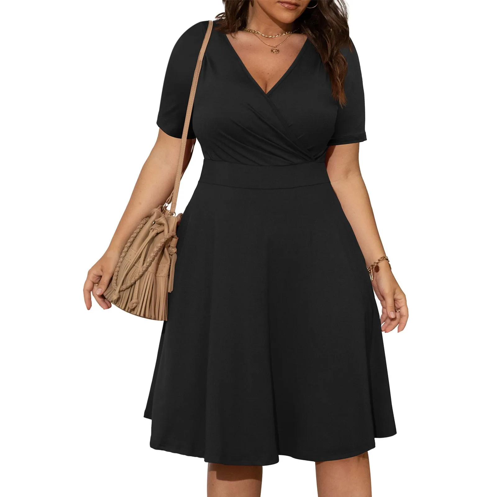 thumbnail image 1 of Vestido de verano liso de talla grande 5XL para mujer, vestido formal para ocasiones especiales, fiesta, vestido midi de manga corta, elegante, informal, holgado, de gran tamaño, 1 of 4