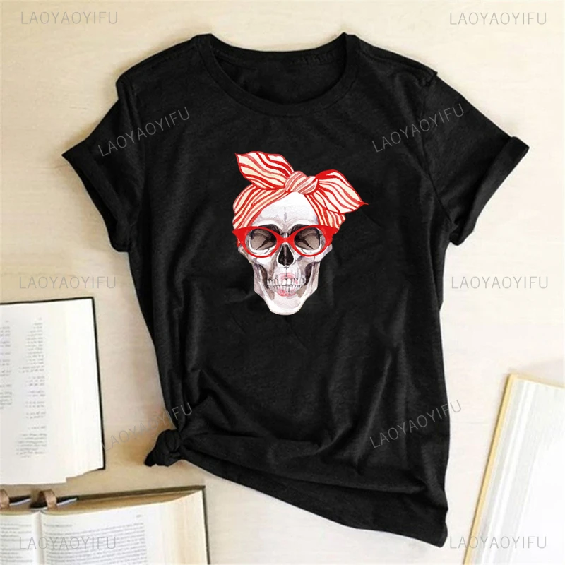 

Funny Kerchief Skull Print Graphic Tees Shirt Women 90s Summer Short-sleev Aesthetic Clothes Fashion Casual Camisetas De Mujer