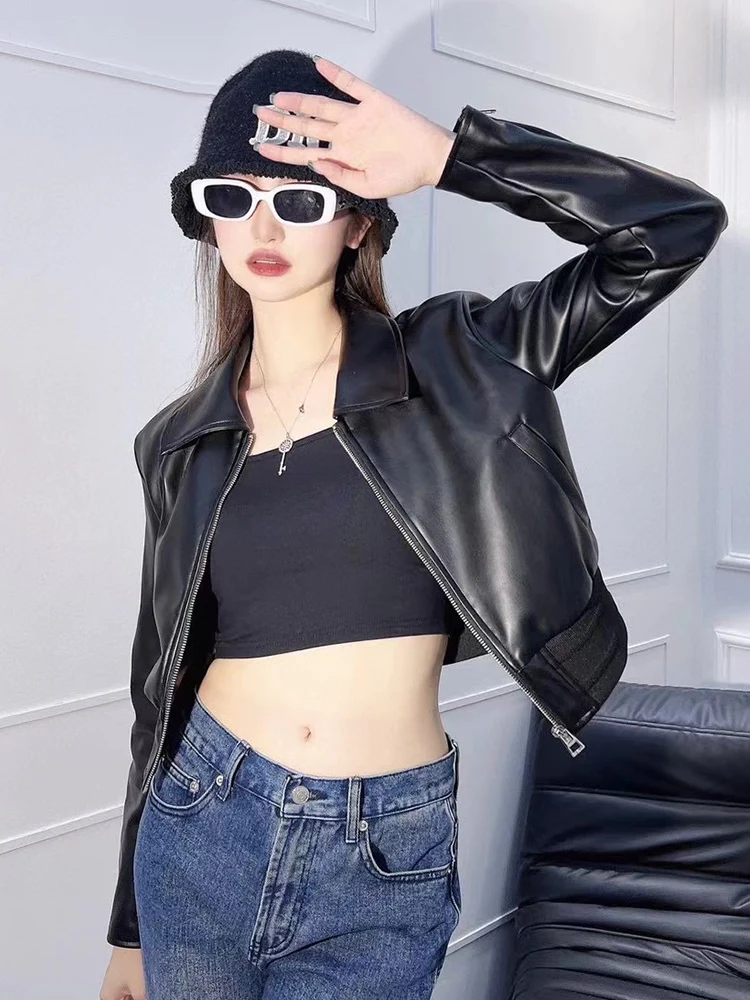 

Fall 2023 Design Sense New Black Lapel Long Sleeve Leather Jacket Women's Spring and Autumn Retro Jacket Casual Short Jacket