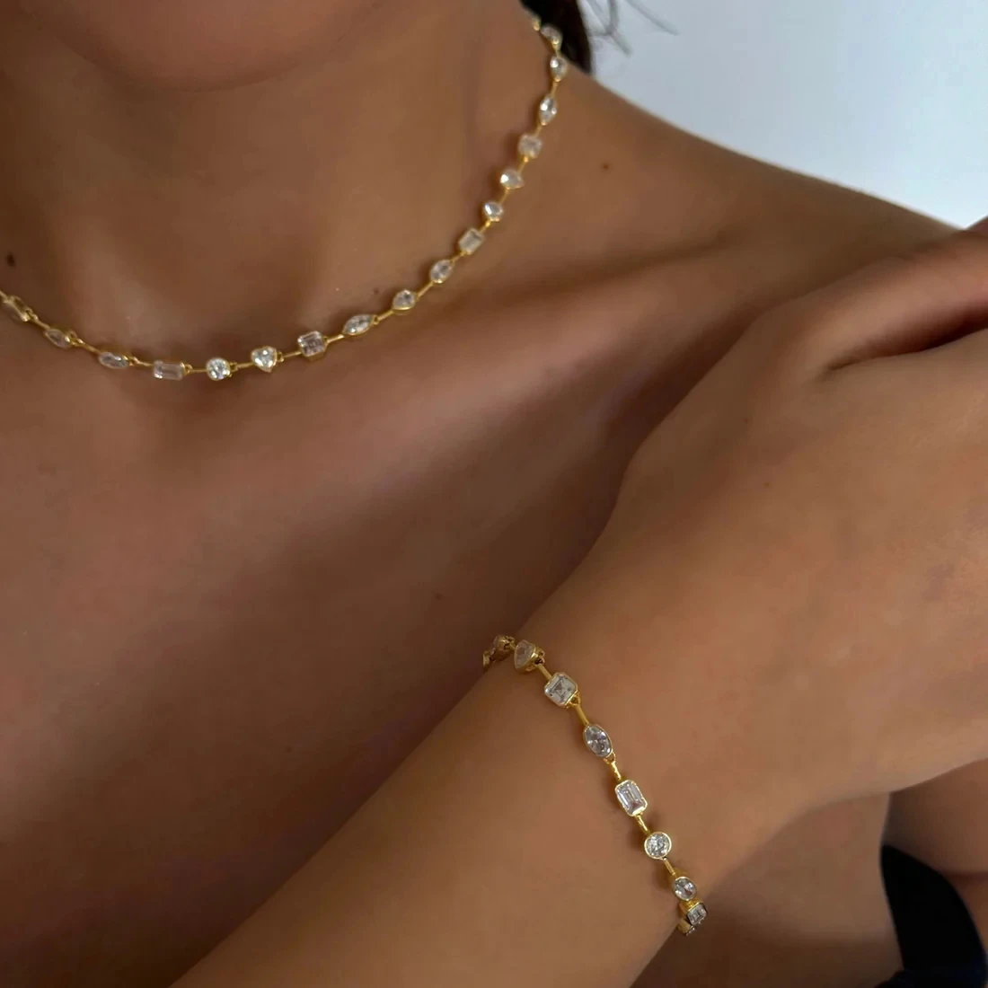 2025 New Trendy Women Jewelry Gold Color Geometric Various Shaped Bezel 5A Sparking CZ Tennis Chain Bracelet Necklace Set - 2